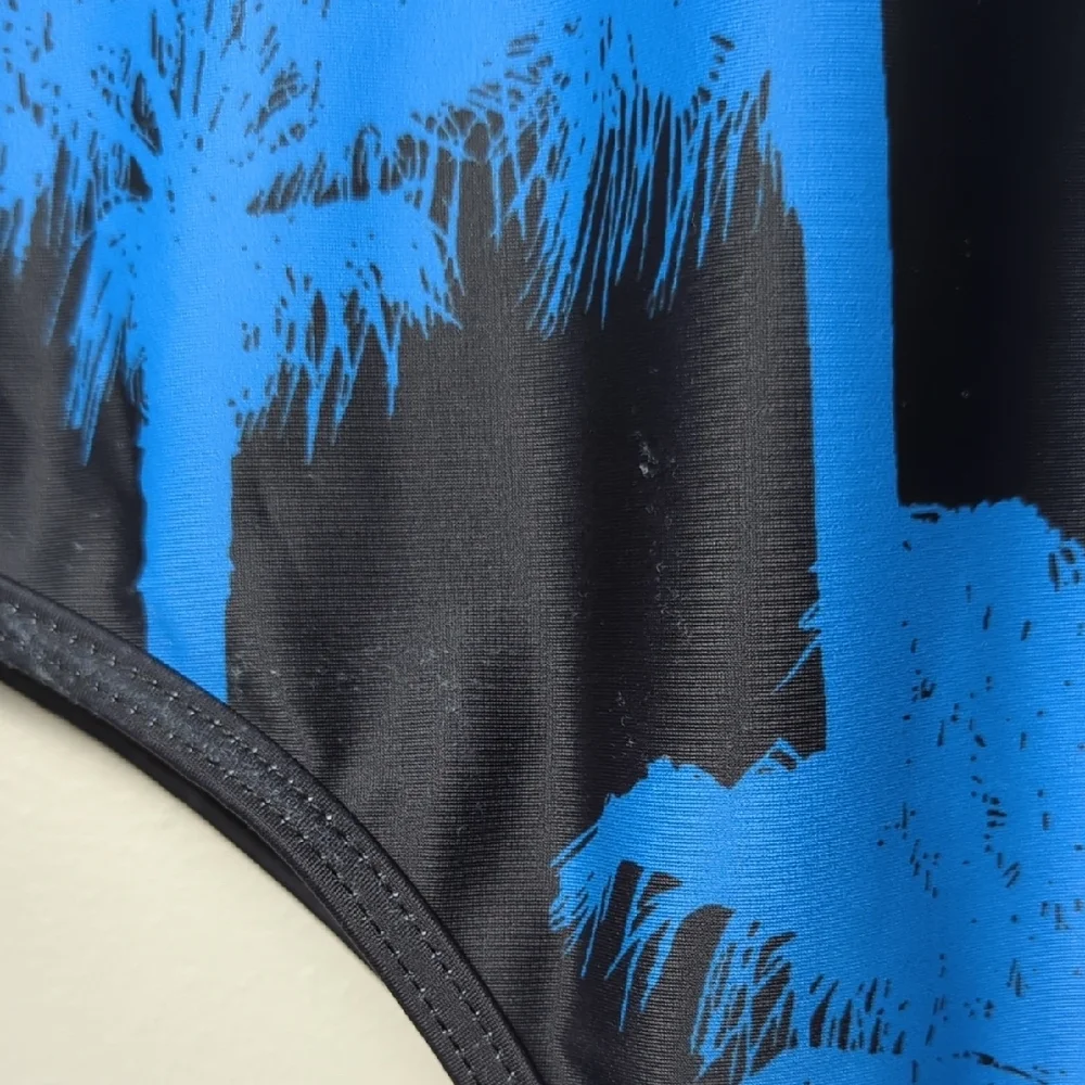 Fashion Nova Drip Palms One Piece Swimsuit Black Blue‎ Long Sleeve Tropical XL